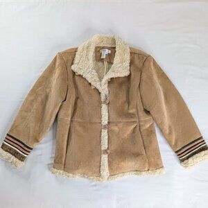 Y2k Tan Faux Suede Faux Fur Penny Lane Button Up Brocade Trim Coat